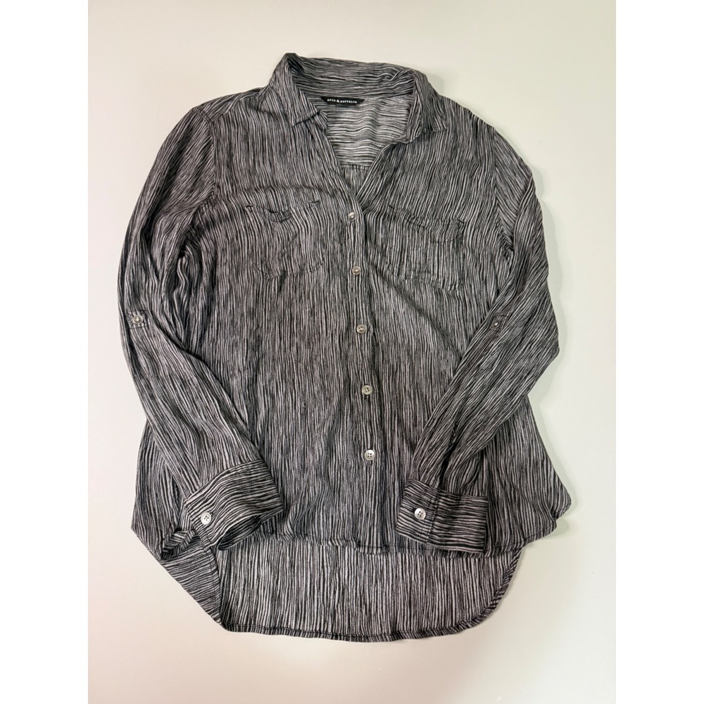 Rock & Republic Womens Black White Striped Roll Tab Button Down Shirt Rayon L